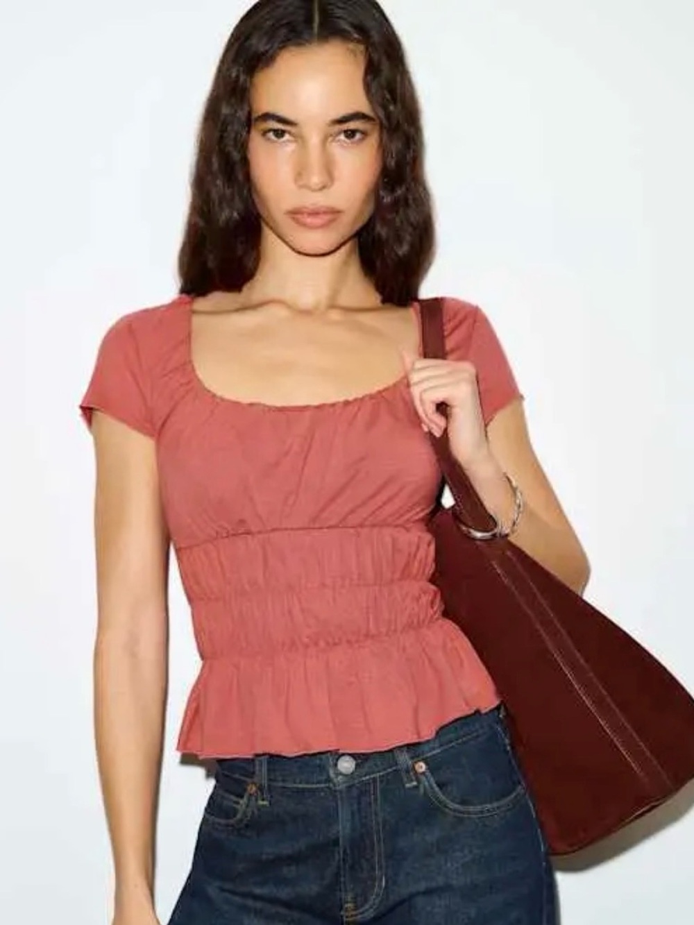 Reformation NWT Melina Knit Short Sleeve Ruched Bodice Top In Rosewood Size L